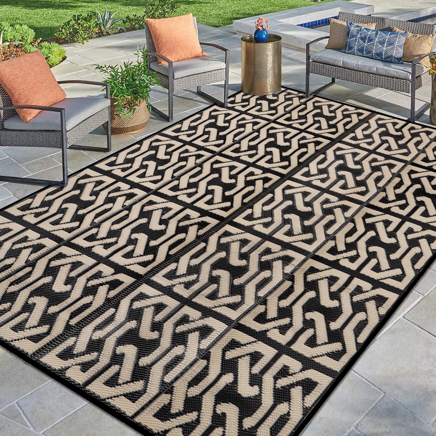 SAND MINE Reversible Mats, Plastic Straw Rug, Modern Area Rug, Large Floor Mat and Rug for Outdoors, RV, Patio, Backyard, Deck, Picnic, Beach, Camping, Trailer, Black & Beige, 9' x 12'