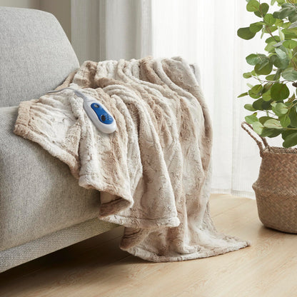 Beautyrest Zuri Reversible Faux Fur to Mink Electric Blanket, Auto Shut Off, Virtually Zero EMF, Multi Heat Setting, UL Certified, Machine Washable, Natural Marble Throw 50x70