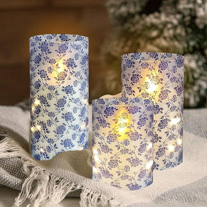 Flickering Flameless Candles Vintage Blue Floral Print, Embedded Star String Lights, Battery Operated Acrylic LED Pillar Candles with 11-Key Remote and Timer for Home Decoration, 3 Pack