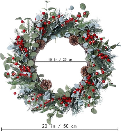 20 Inches Christmas Wreath Winter Wreaths Holiday Christmas Wreaths for Front Door Christmas Berry Wreath with Pine Needles Pine Cones Red Berries for Window Indoor Outdoor Winter Decorations