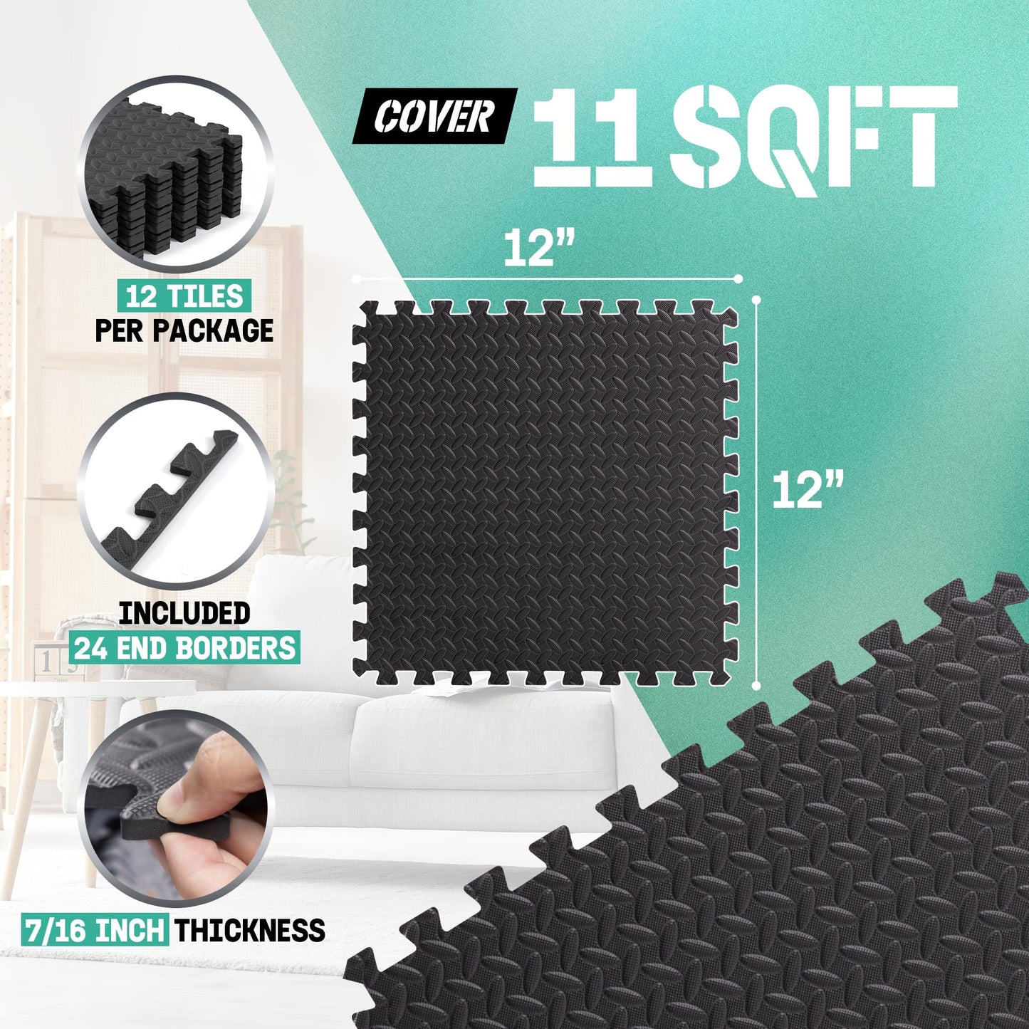 Yes4All Interlocking Exercise Mat - Black - 12pc V1 + Resistance Loop Bands