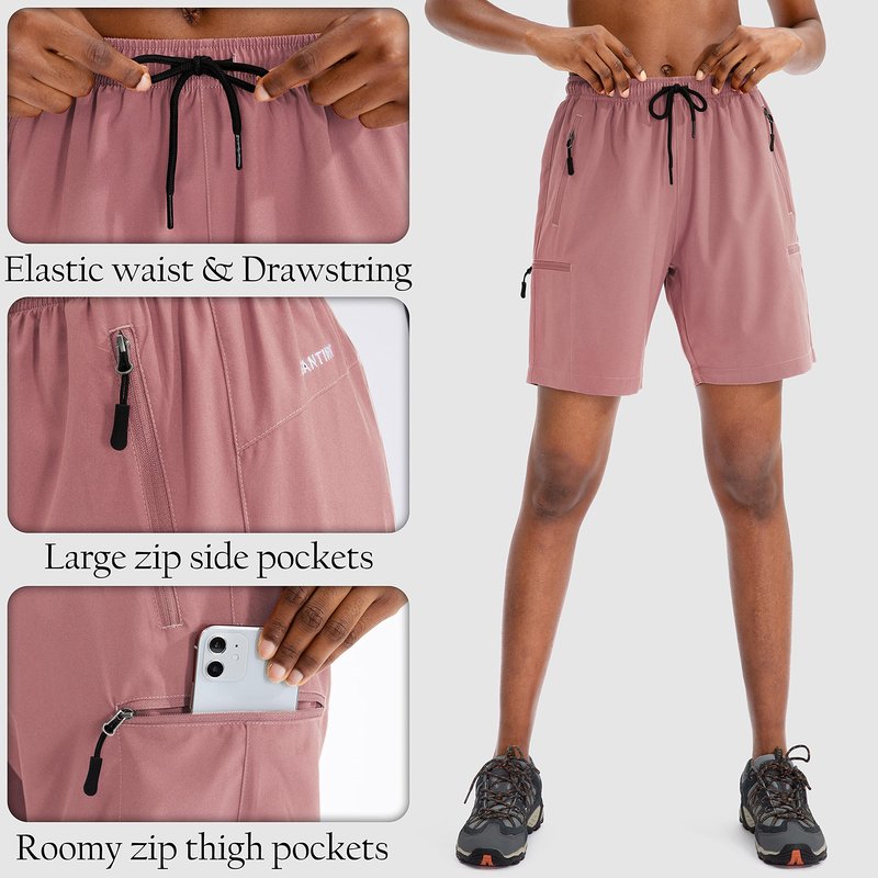 SANTINY Women's 5''/ 7''/9'' Hiking Cargo Shorts Quick Dry Lightweight Summer Shorts for Women Athletic Golf Zipper Pockets(Dusty Pink_XL)