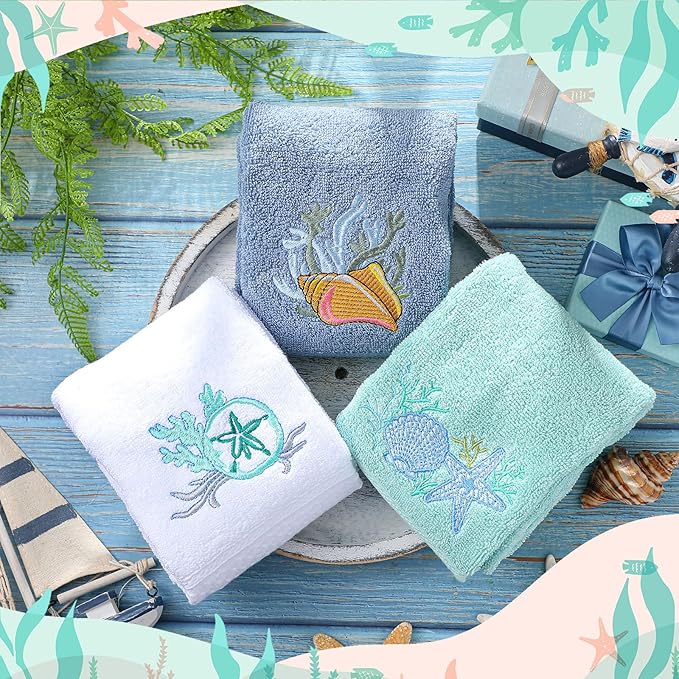 3 Pack Coastal Hand Towels for Bathroom 100% Cotton Embroidered Beach Bathroom