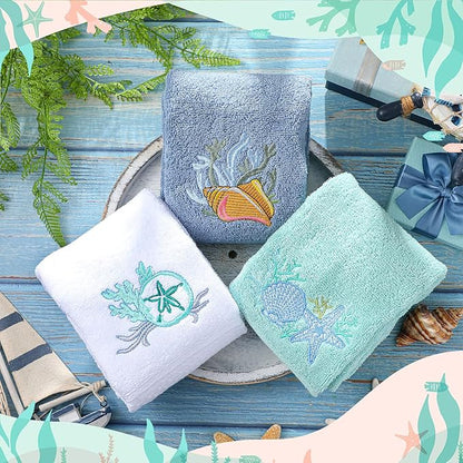 3 Pack Coastal Hand Towels for Bathroom 100% Cotton Embroidered Beach Bathroom
