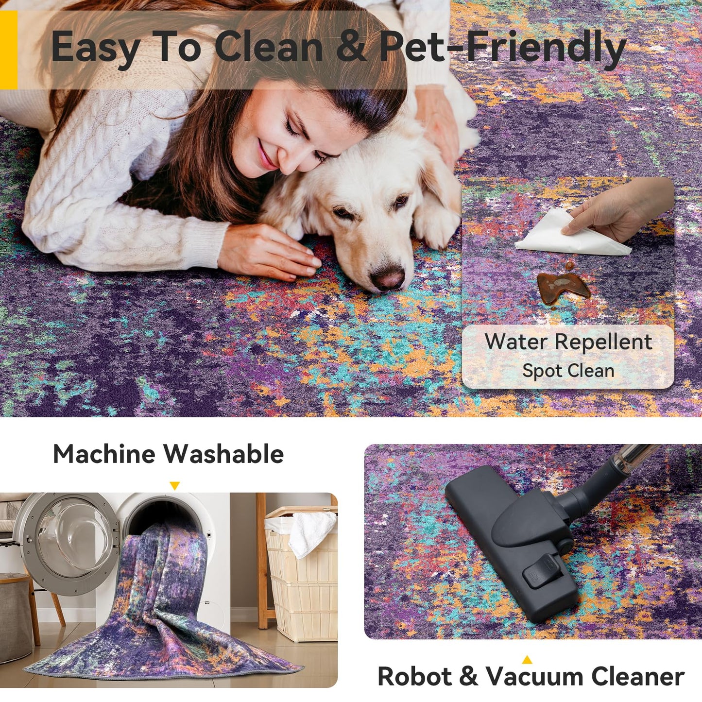 RELEANY Washable Area Rugs 8'x10' Non-Slip Modern Abstract Soft for Living Room Entryway Bedroom Kitchen, Print Pattern, Purple Orange Blue Green Rust Red Colorful