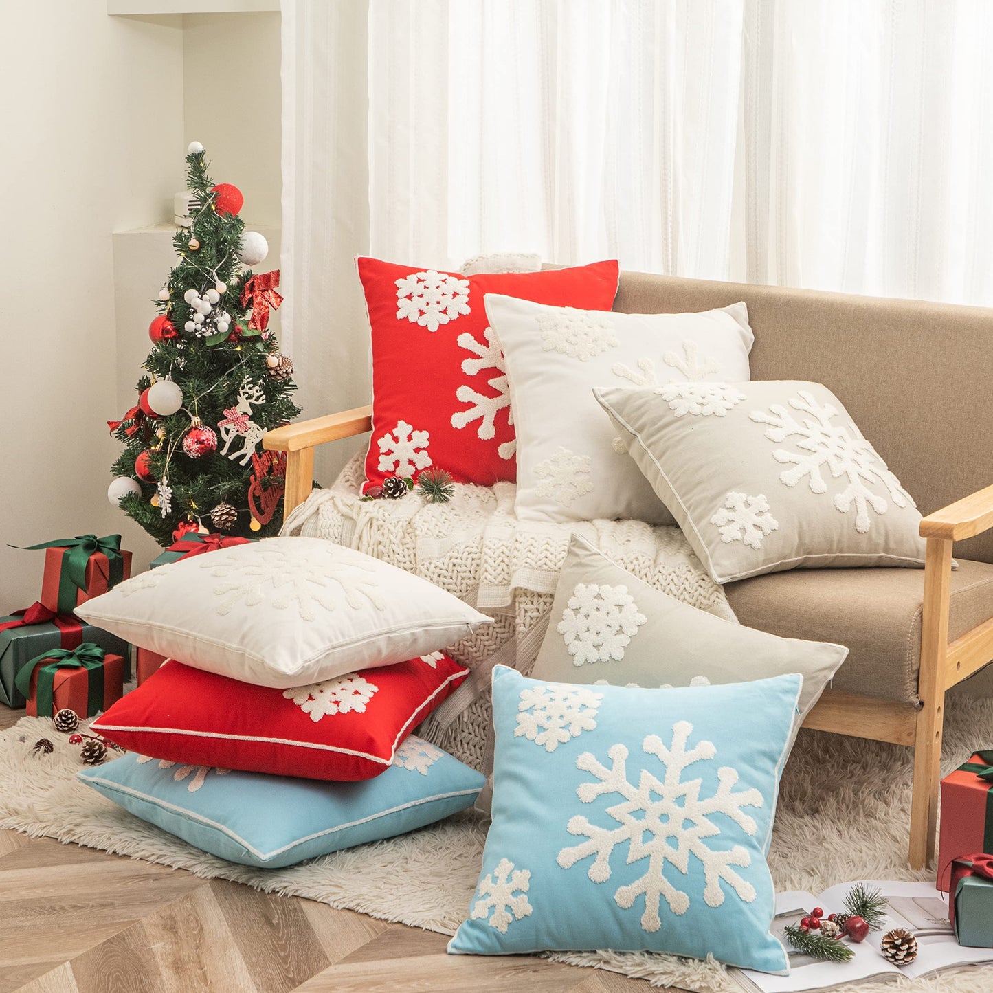 AFIRMLY 18x18,Cotton Christmas Blessing Throw Pillow Cover for Bed Sofa Cushion Car Snowflake Embroideried Pillowcases,1pair Blue