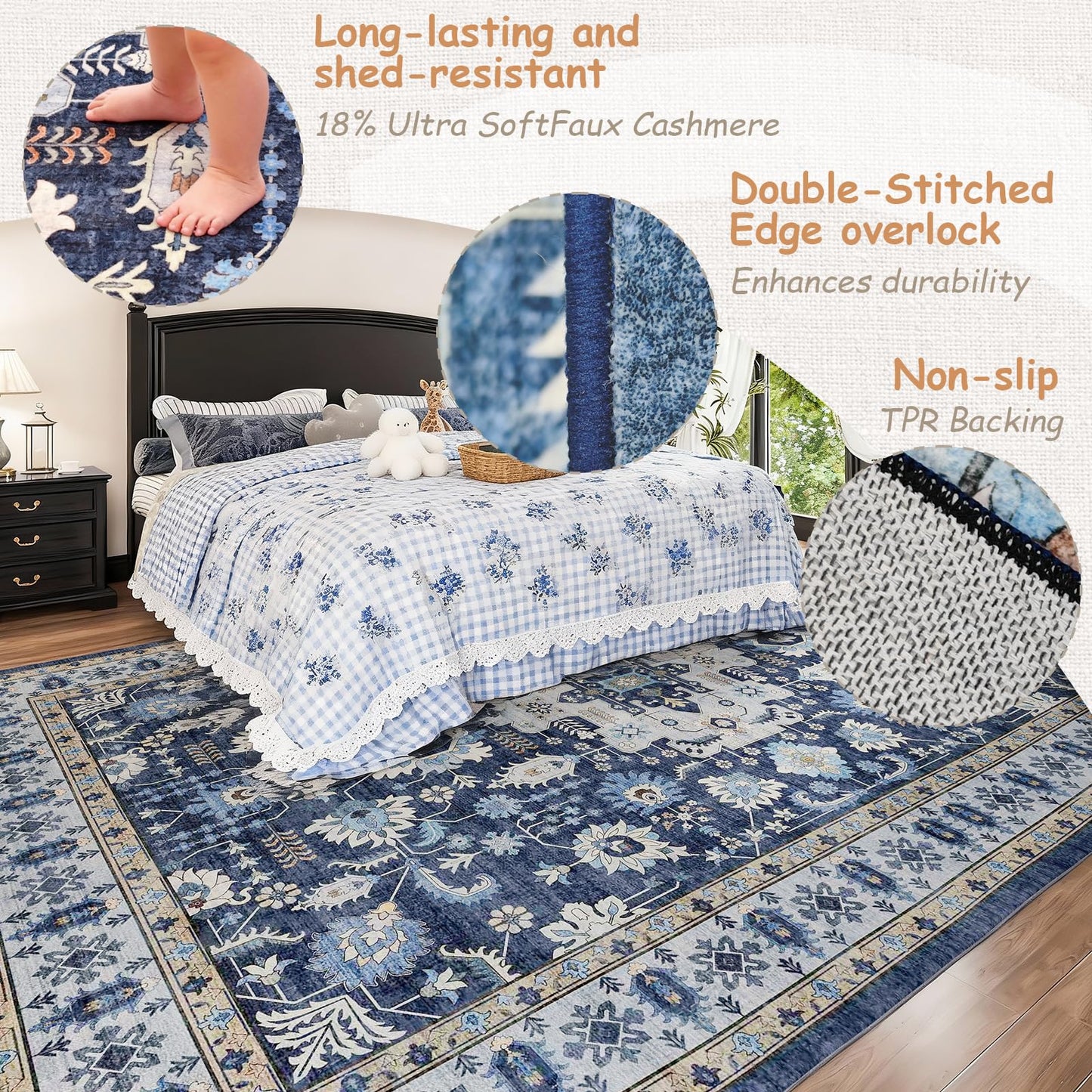 Trsury 8x10 Washable Living Room Area Rug, Boho Dark Blue Floral Medallion Low Pile Non-Slip Throw Rugs, Ultra Thin Foldable Carpet Under The Table for Bedroom,Dining Room,Playroom