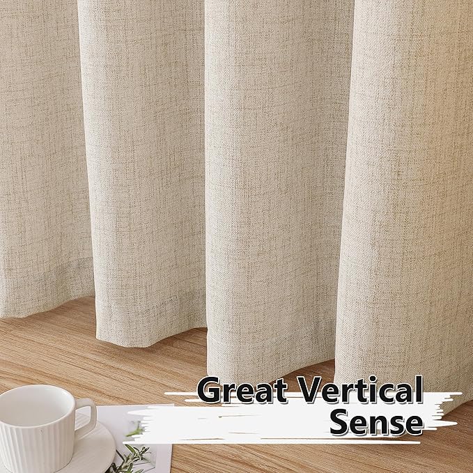 Tollpiz Short Linen Curtain Bedroom Rod Pocket Semi Sheer Curtains Burlap Light Filtering Thick Linen Drape for Living Room, 38 x 54 inches Long, Natural, Set of 2 Panels