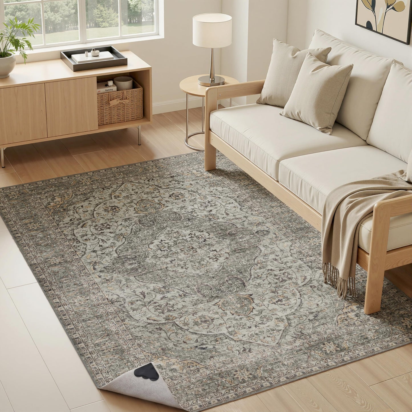 Green 4x6 Area Rugs for Living Room, Boho Vintage Washable Rugs with Non-Slip Backing, Low Pile Retro Soft Carpet for Bedroom, Study Room, Home Office, Dining Room, Olive Green Taupe