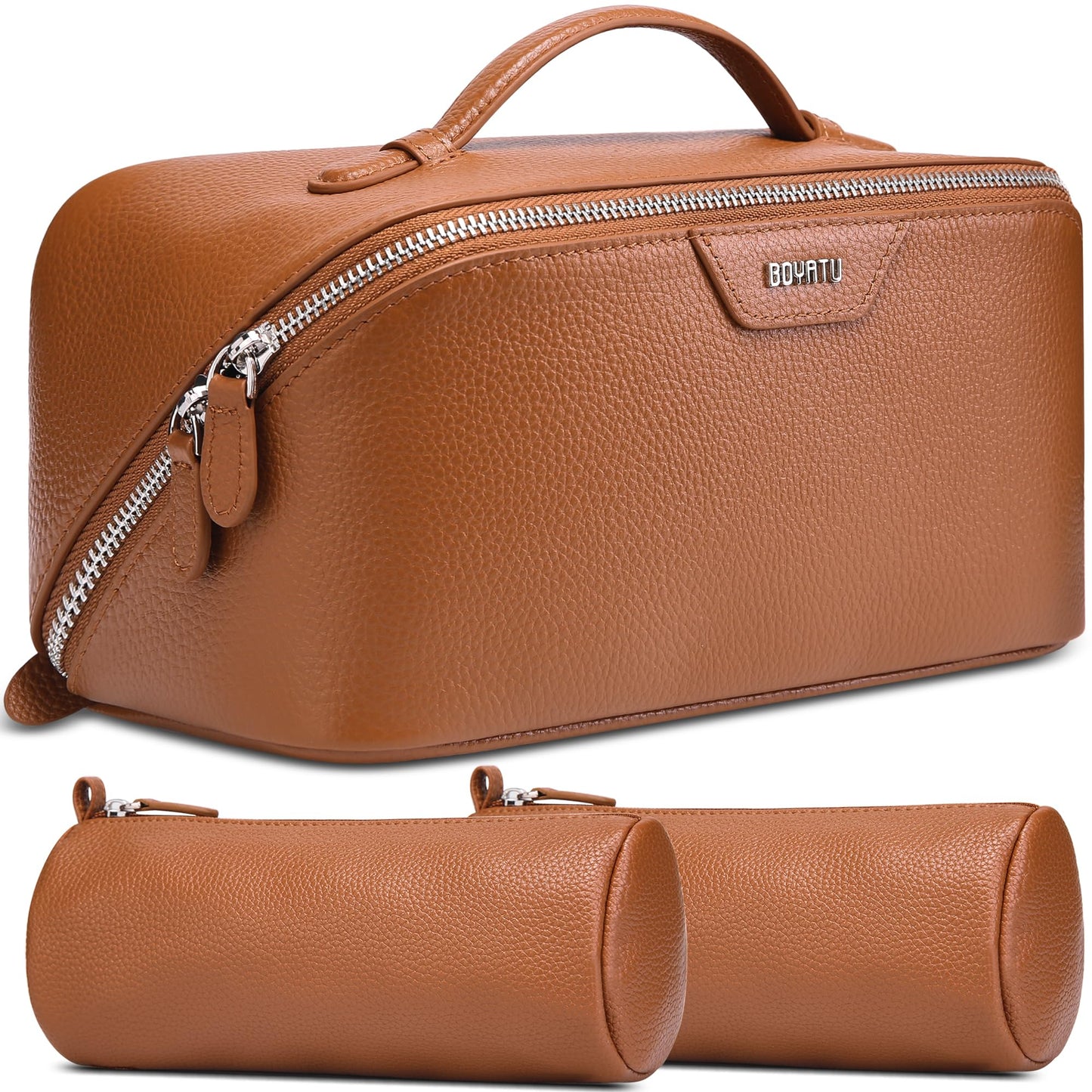 BOYATU Genuine Leather Travel Makeup Bag: Large Capacity 3 Pcs Set Cosmetic Bags for Women - Designer Waterproof Hand-made for Toiletry Organizer - Ladies Travel Essentials for Elegance (01Brown)