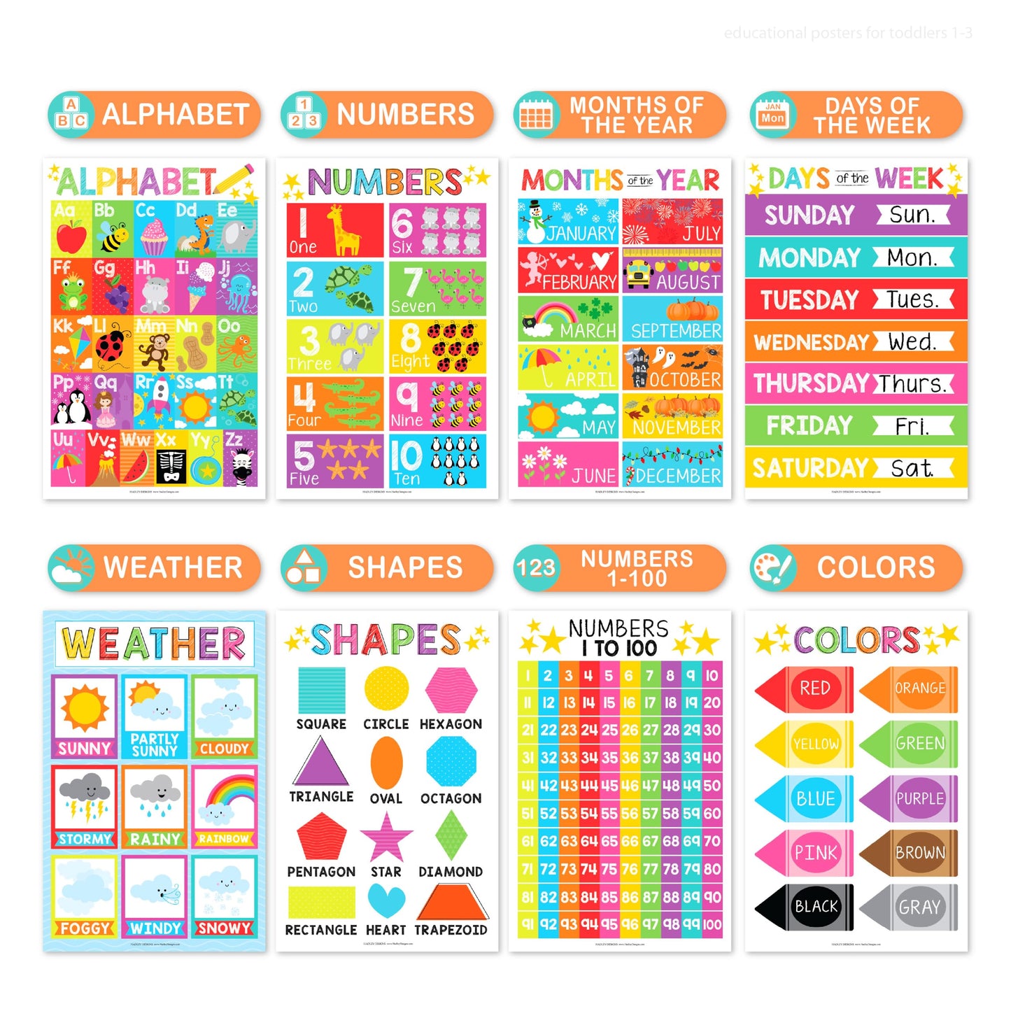 Hadley Designs 16 Educational Posters for Classroom Must Haves - Laminated Pre-K Posters for Toddler Homeschool Essentials, Toddler & Preschool Learning Activities, Kindergarten Classroom Decor