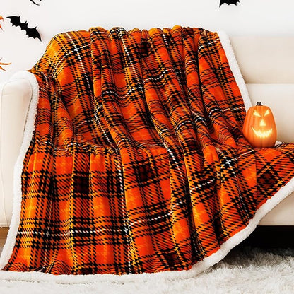 Touchat Sherpa Halloween Plaid Throw Blanket(60" X 70", Plaid Orange), Fuzzy Fluffy Cozy Soft Blanket, Fleece Flannel Plush Twin Size Microfiber Blanket for Couch Bed Sofa