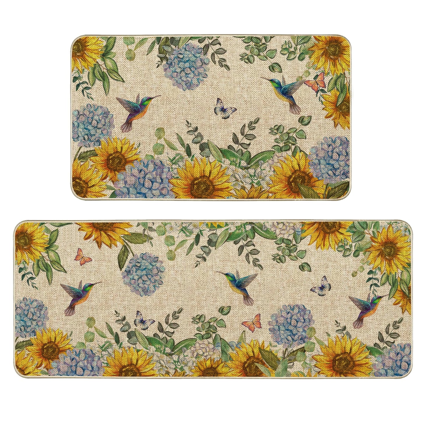 Tikeciti Spring Summer Sunflower Blue Hydrangea Kitchen Mats Set of 2, Butterflies Kitchen Rugs Seasonal Hummingbirds Holiday Floor Non-Slip Low Profile Mat Farmhouse Home Decor 17x29 and 17x47 Inch