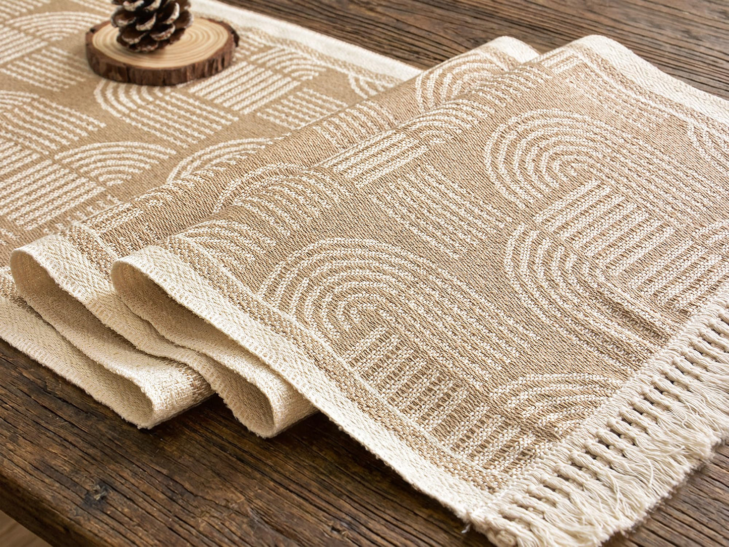 FEXIA Farmhouse Table Runner with Tassels 72 Inch Thick Woven Rustic Table Decoration, Pottery Barn Style Furniture Decor, Burlap Macrame Texture for Living Room Entryway, Beige (13x72 Inch)