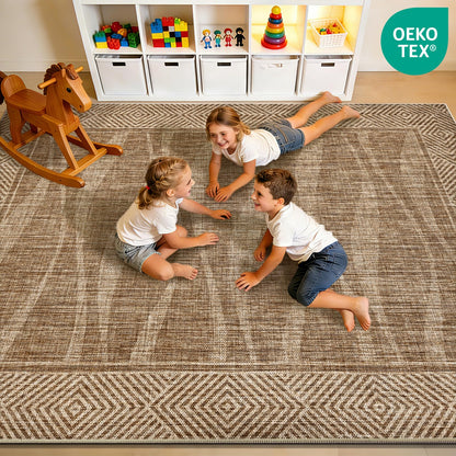 Jute Rug 5x7 Outdoor Patio Rug with Border, Washable Rugs for Living Room, Farmhouse Non Slip Area Rugs with Rubber Backing Indoor Outdoor, Non Shedding Carpet for Bedroom, Courtyard, Light Brown