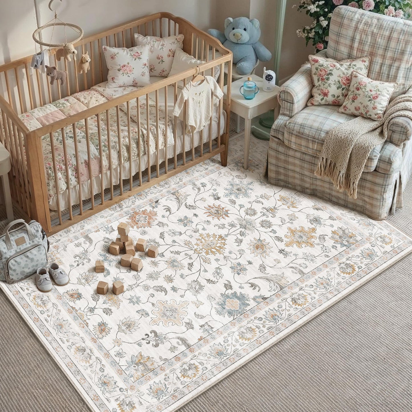 HUGEAR Area Rug 5x7 Vintage Grey Beige Machine Washable Living Room Rugs Distressed Retro Floral Vacuumable Low Pile Carpet Bedroom Office Dining Farmhouse Playroom Non Slip