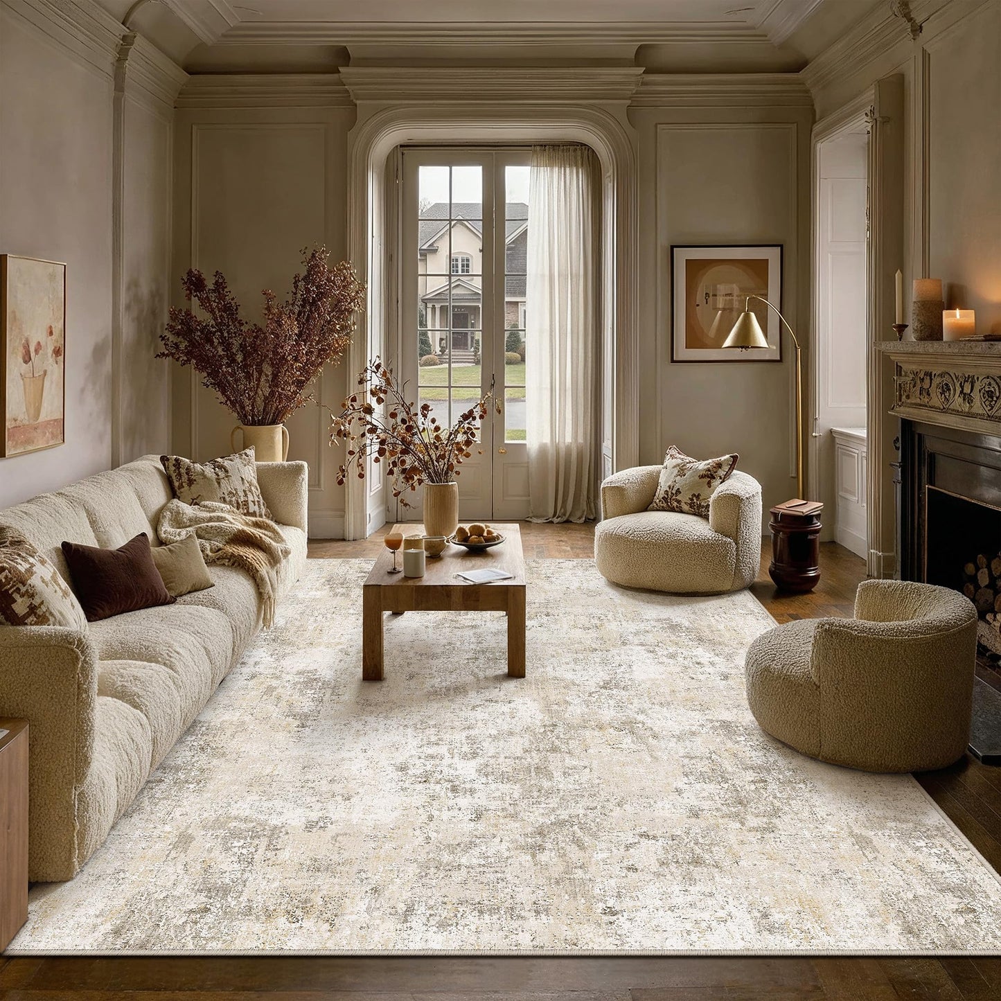 PureCozy 9x12 Washable Area Rug Beige Abstract Non Slip Carpet for Living Room Bedroom Soft Low Pile Neutral Modern Throw Indoor Large Rug Office Dining Room