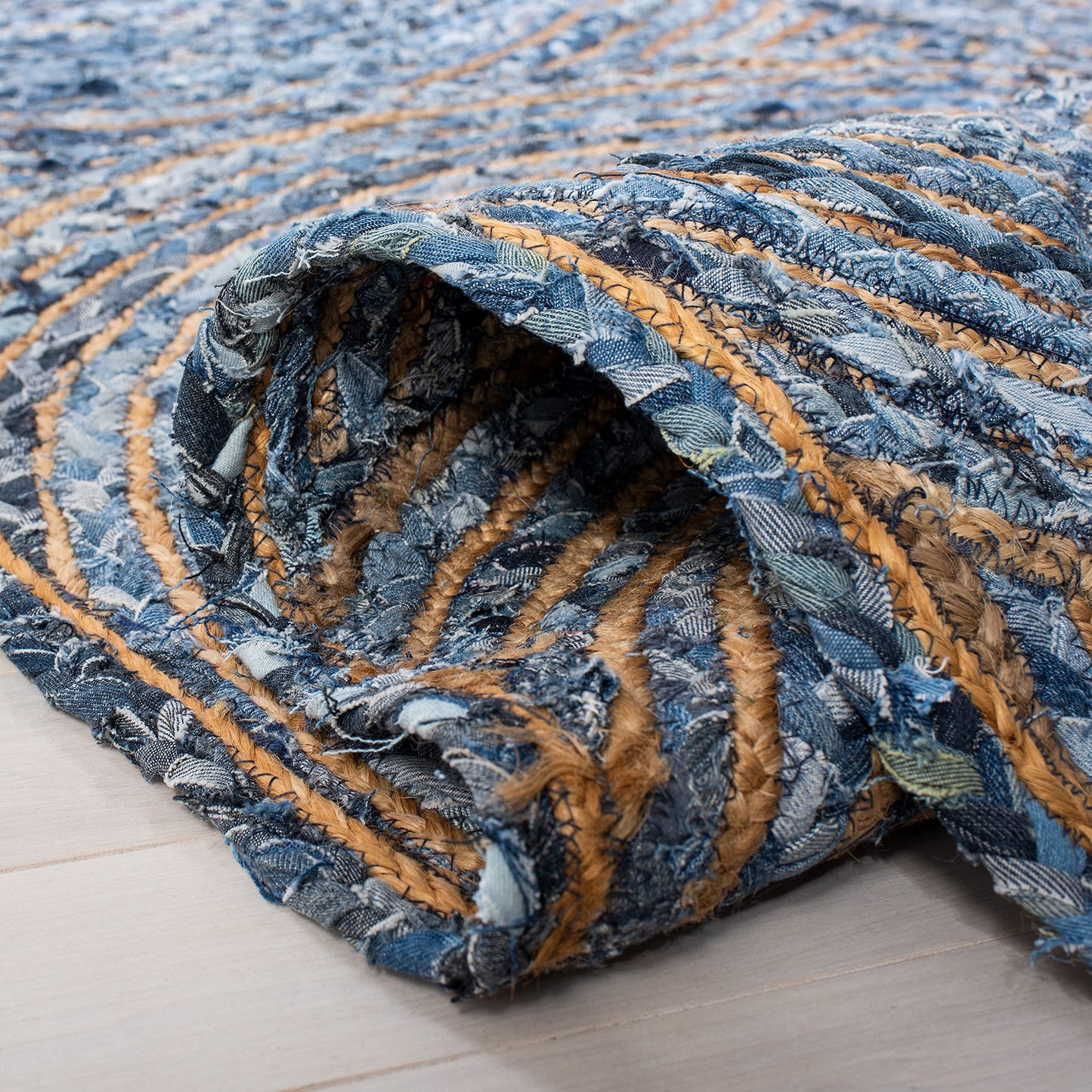 SAFAVIEH Cape Cod Collection Area Rug - 9' x 12', Blue & Natural, Handmade Boho Braided Circles Jute & Cotton, Ideal for High Traffic Areas in Living Room, Bedroom (CAP203M)