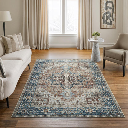 Bloom Rugs Caria Washable Non-Slip 4x6 Rug - Terracotta/Blue Traditional Area Rug for Living Room, Bedroom, Dining Room, and Kitchen - Exact Size: 4' x 6'