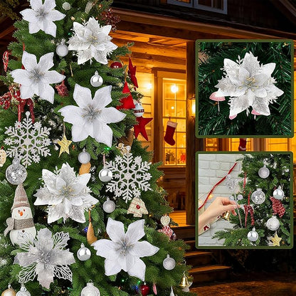 76Pcs Christmas Tree Decorations Set, Silver Assorted Ornaments with Large Shatterproof Plastic Balls, Star Tree Topper, Glitter Berries Stems, Ribbon for Indoor Garland Home Holiday Wedding Decor