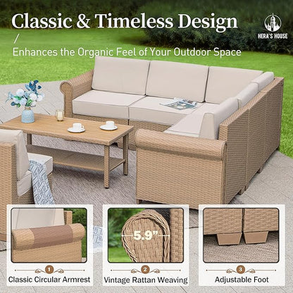 HERA'S HOUSE Patio Furniture Set 7 Pieces, Outdoor Sectional Wicker Sofa with 44" Coffee Table All Weather 6 Seats, 5.5" Thick Waterproof Cushion Modular Conversation Set for Garden Deck Backyard