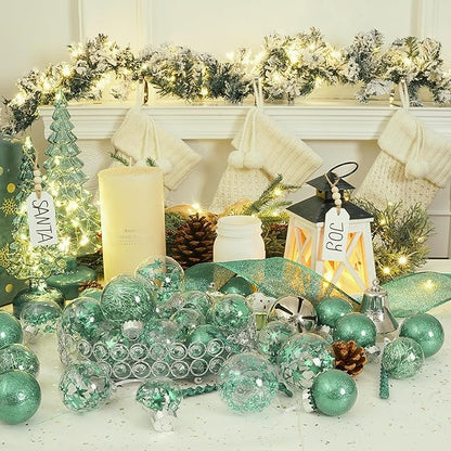XmasExp 32ct Christmas Ball Ornaments Set -Mint Green Clear Plastic Shatterproof Xmas Tree Ball Decorations Hanging Baubles for Holiday Decor