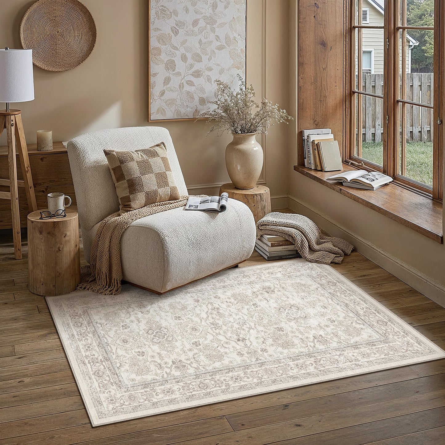 HUGEAR Area Rug 5x7 Retro Beige Machine Washable Living Room Rugs Distressed Vintage Floral Vacuumable Low Pile Carpet Bedroom Office Dining Room Laundry Room Non Slip Soft Lightweight