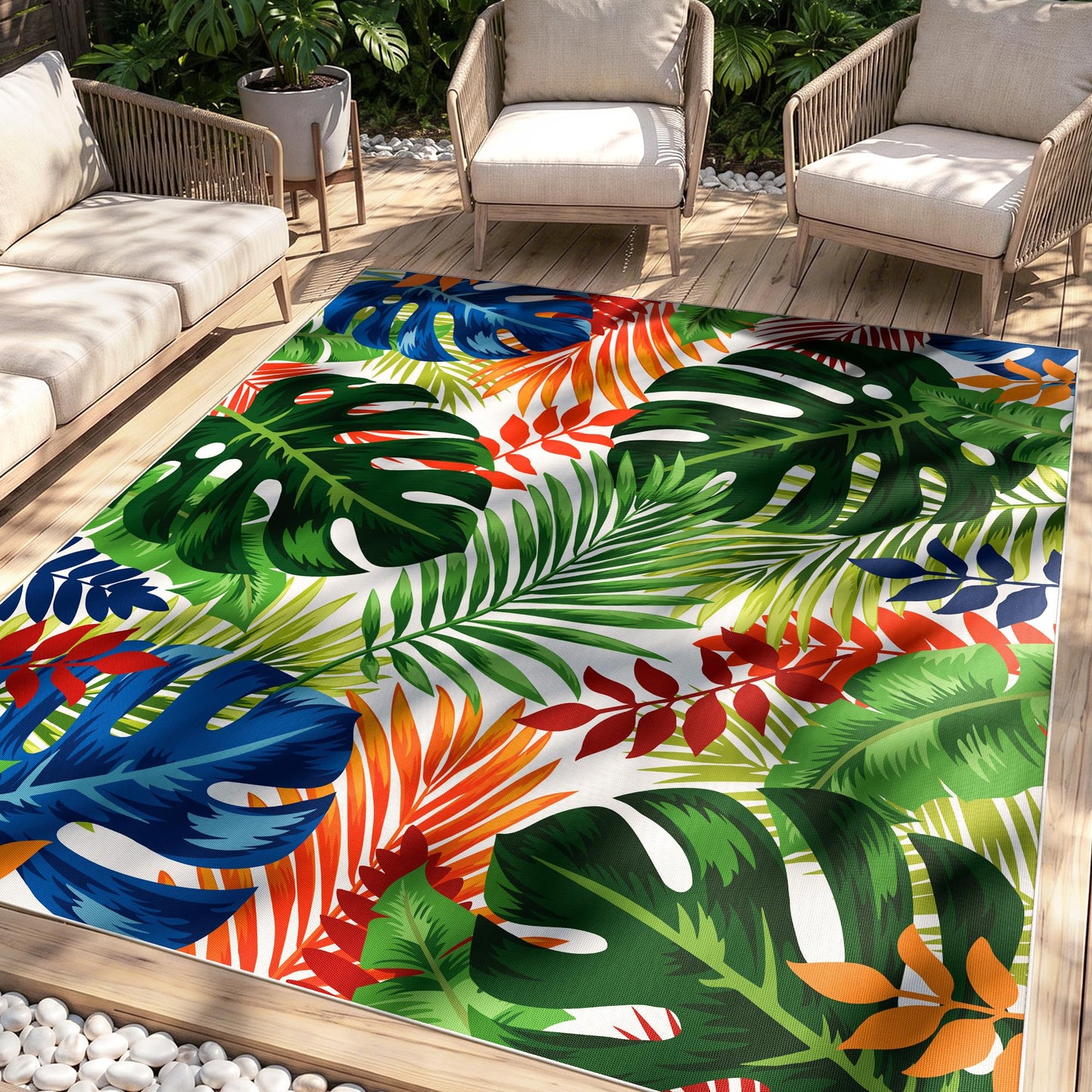 Arenarug 8x10 Monstera Tropical Outdoor Rug – Waterproof Non-Slip Machine Washable Patio Rug, UV & Stain Resistant Outdoor Carpet for Patio Deck Balcony Backyard, Colorful