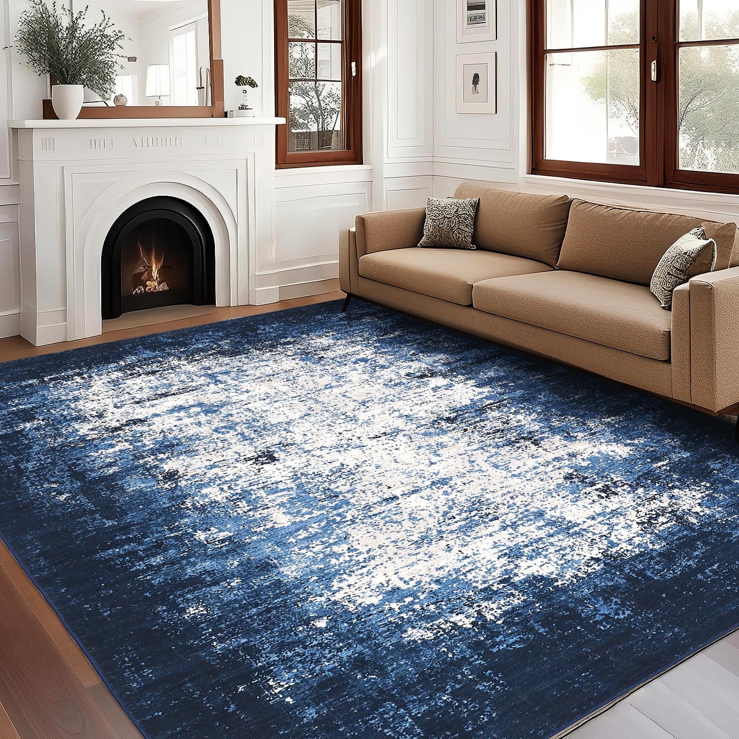 GarveeHome Abstract Area Rugs 5x7 Ultra-Soft Modern Indoor Carpet, Stain-Resistant Neutral Floor Cover, Non-Slip Distressed Throw Rug, Easy Cleaning, Perfect for Living Room, Office, Blue