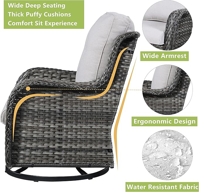 Rilyson Wicker Rocking Chair Swivel Chairs - 3 Piece Rocker Patio Furniture Set Rattan Rocking Bistro Sets with Glass Top Side Table for Outdoor Porch Deck Garden Backyard (Mixed Grey/Beige)