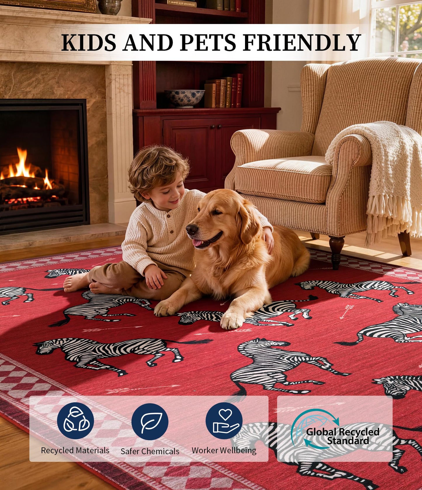 YIHOUSE Red Zebra Area Rugs 5×7, Washable Animal Print Rug with Checkered Border, Non-Slip Low Pile Mid-Century Modern Carpet for Living Room, Bedroom, Dining Room, Home Decor