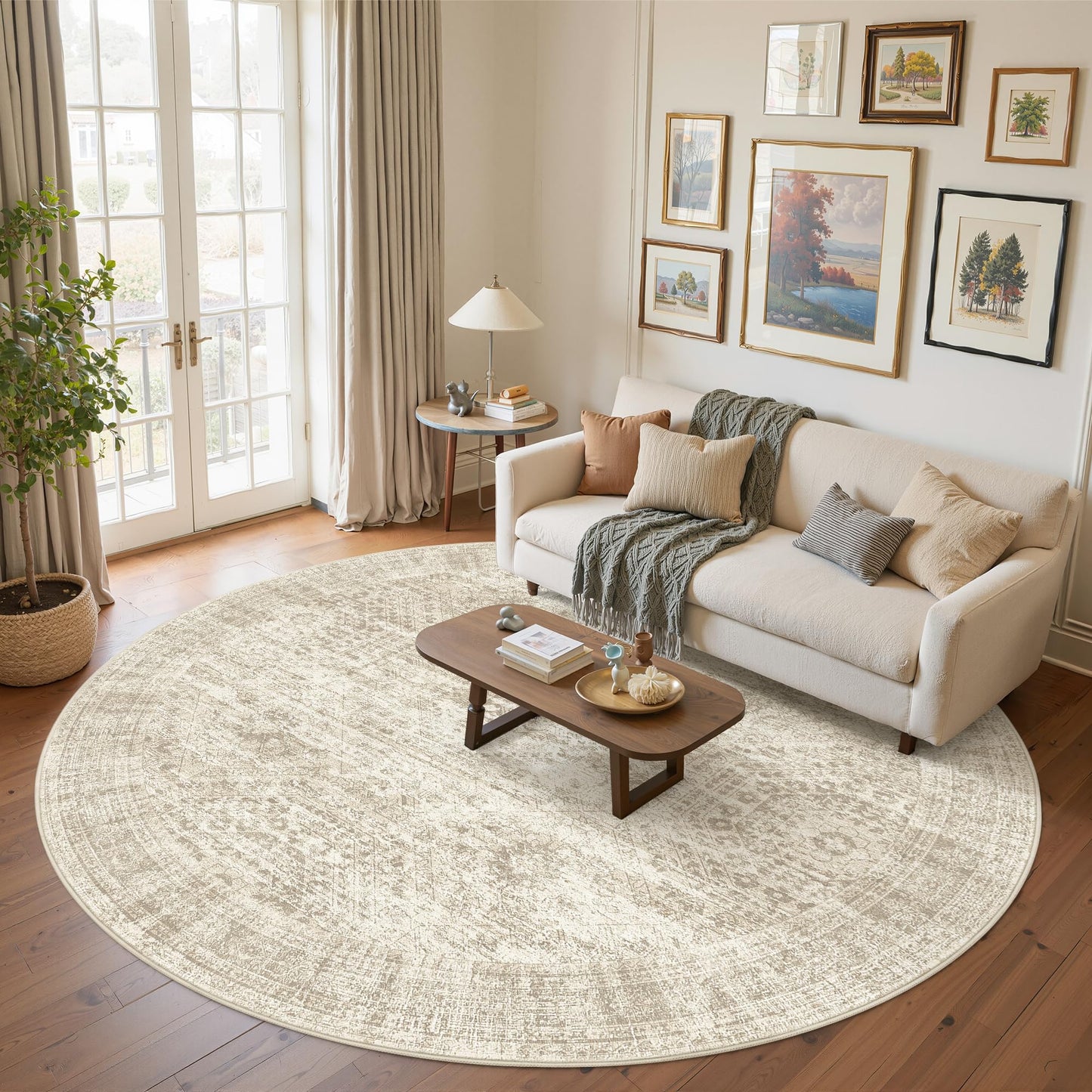 Soalmost 8x8 Beige Round Rug 8ft Living Room Circle Rug Vintage Round Area Rug Non Slip Indoor Carpet for Apartment