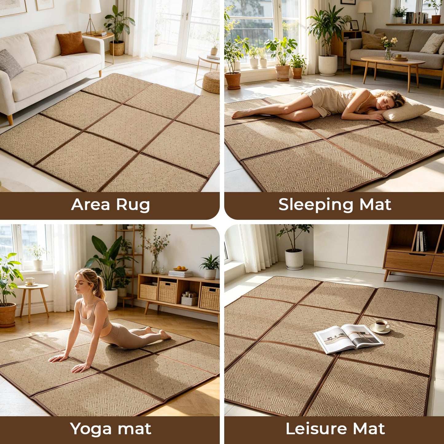 71'' x 71'' Large Japanese Tatami Mat, 0.47'' Thickness Foldable Rattan Japanese Floor Mats with Storage Bag, Non-Slip Breathable Memory Foam Area Rug Living Room Bedroom Yoga