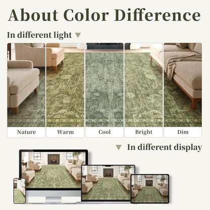 TTelephant Washable Rugs 5x7, Vintage Medallion Carpet for Bedroom, Living Room and Dining Room, Low Pile Sage Green Rug with Non-Slip Silicone Backing, Non-Shedding Stain Resistant