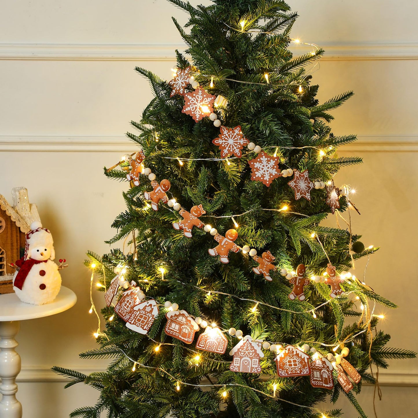 Youyole 3 Pcs Wooden Gingerbread Garland Banner LED Christmas Wooden Bead Gingerbread Man House Snowflake Decoration 5.9 ft Rustic Hanging Banner for Mantel Fireplace Holiday Room Wall Decoration