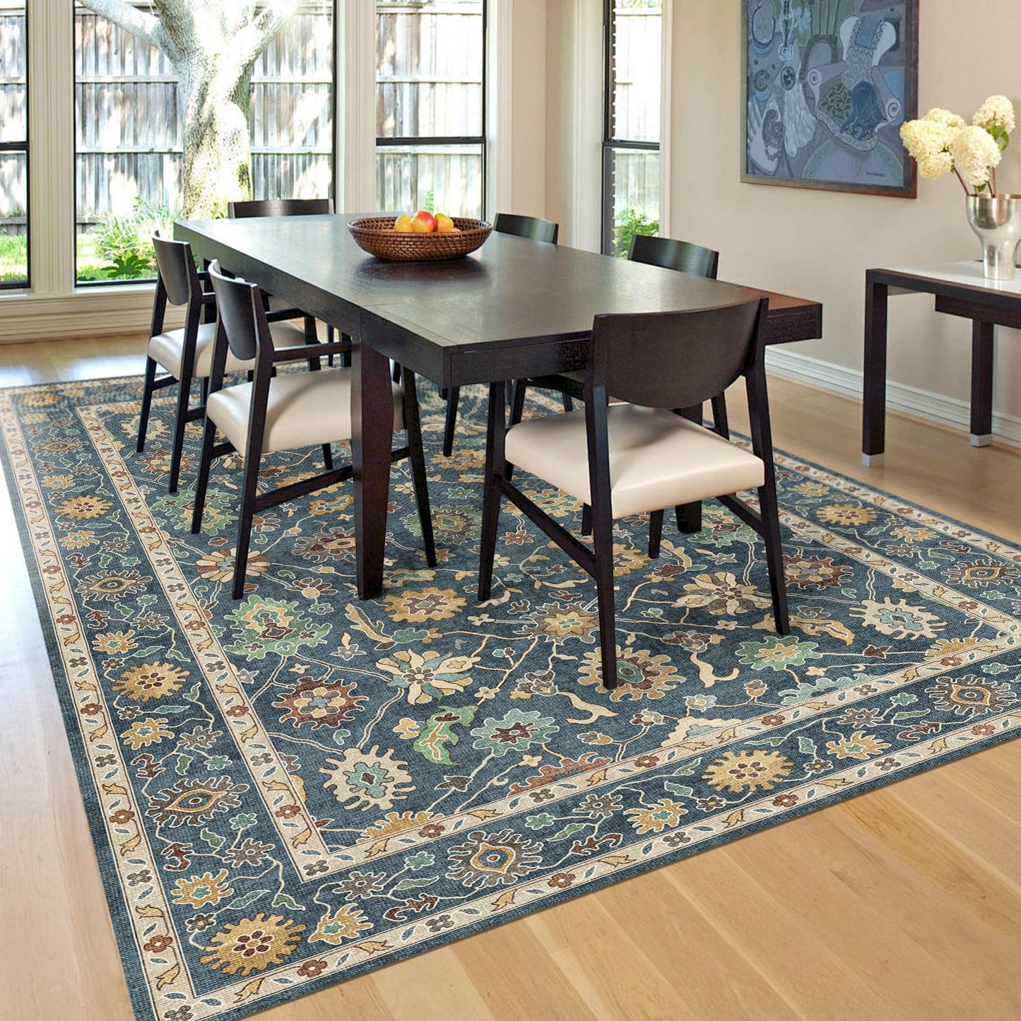 Washable Oushak Area Rug 8x10: Large Modern Turkish Oriental Floral Luxury Carpet for Bedroom Nursery Living Room Dining Home Decor Navy Blue
