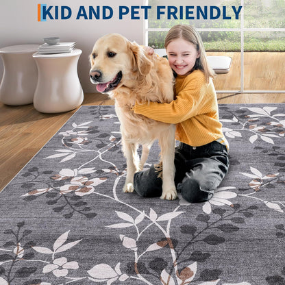 Garvee 5x7 Washable Living Room Rugs, Non Slip Bedroom Rugs, Large Floral Print Throw Carpet for Dining Room, Soft Low Pile Botanical Home Decor Rug for Nursery Home Office, Grey