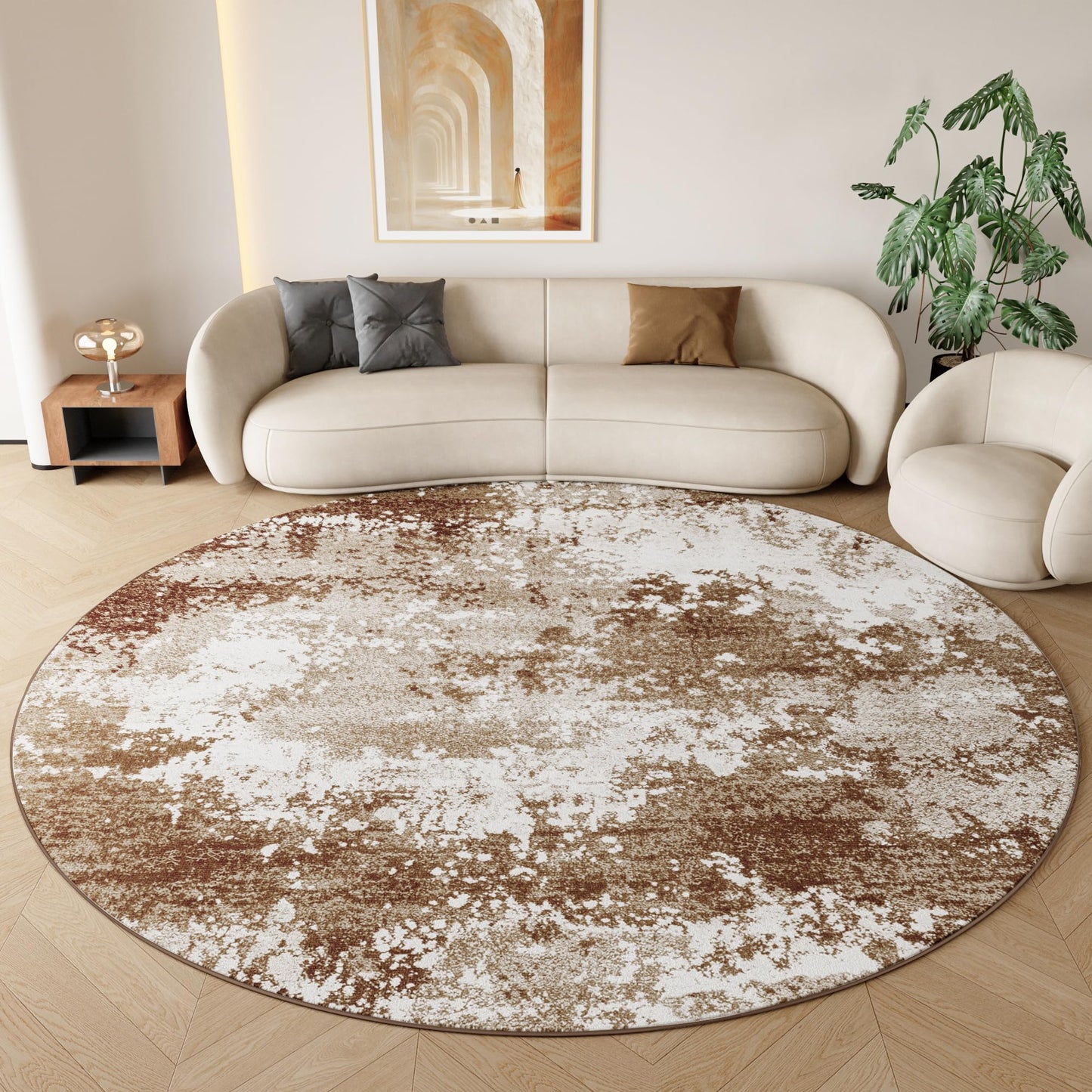 Brown Round Rugs 6ft Washable Circle Area Rug for Entryway Kitchen, Non Slip Soft Low Pile Stain Resistant, Boho Circular Carpet for Living Room Bedroom Dorm Dining Room Table, Abstract Coffee