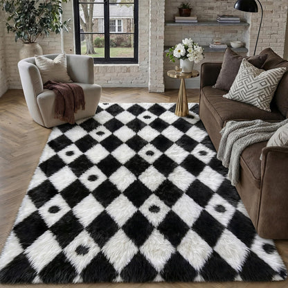 PureCozy Checkered Rug 5x8 Fluffy Shag Living Room Black and White Area Rug Modern Washable Carpet Soft Shaggy Non Slip Indoor Plush Fuzzy Rugs for Bedroom Dorm Office Home Aesthetic Decor