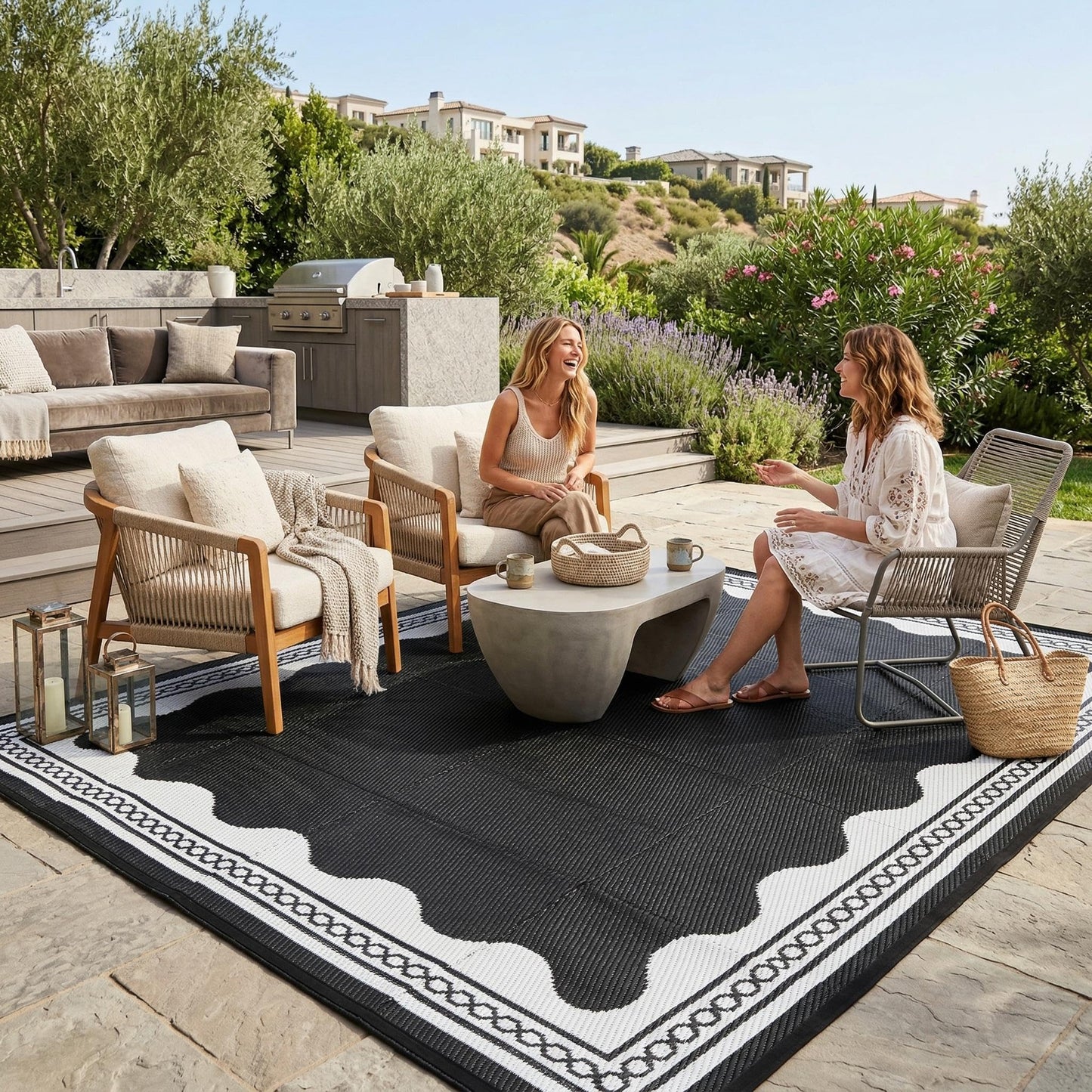 GarveeHome Outdoor Rug 8x10 Patio Waterproof, Reversible Plastic Straw Rugs for Camping, Picnic, Balcony, Porch, RV, Easy-Clean & Quick Dry Scalloped Pattern Large Indoor Outdoor Carpet, Black