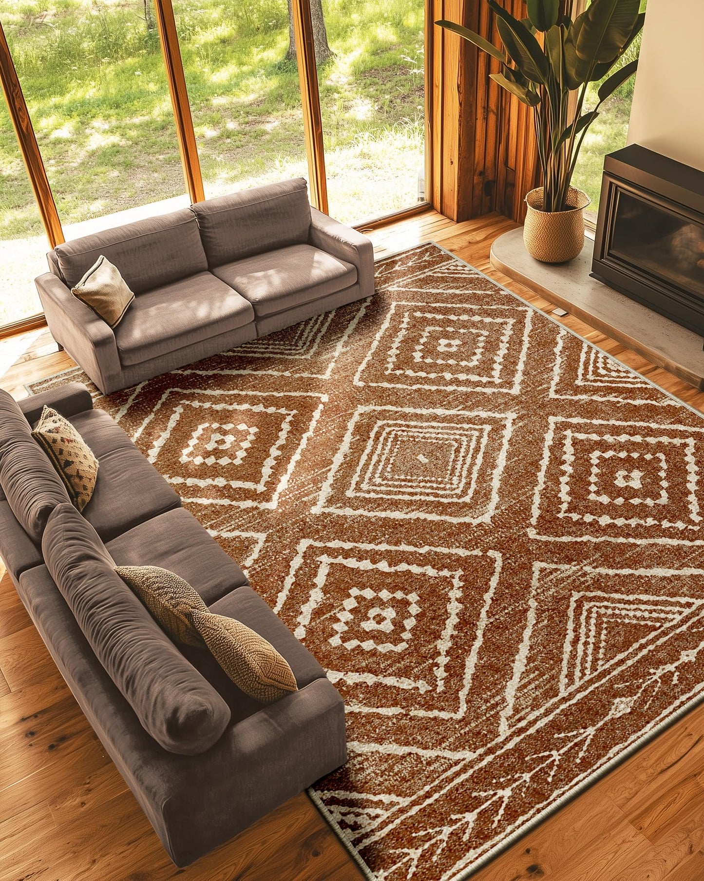BESTSWEETIE Area Rug 9x12 Machine Washable Non-Slip Low Pile Print Pattern Western Tribal Series Yellowbrown/Cream for Living Room Bedroom Entryway