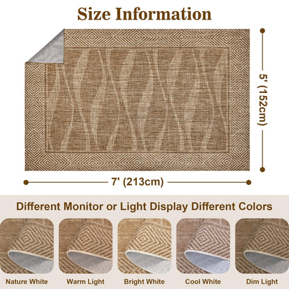 Jute Rug 5x7 Outdoor Patio Rug with Border, Washable Rugs for Living Room, Farmhouse Non Slip Area Rugs with Rubber Backing Indoor Outdoor, Non Shedding Carpet for Bedroom, Courtyard, Light Brown
