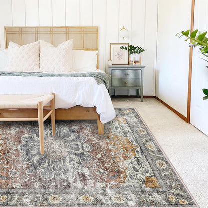 CHAMPLANT Area Rug 8x10 Washable Rug Taupe Vintage Traditional Mat Distressed Indoor Foldable Thin Retro Accent Rug Floral Print Non Slip Carpet Living Room Dining Room Office