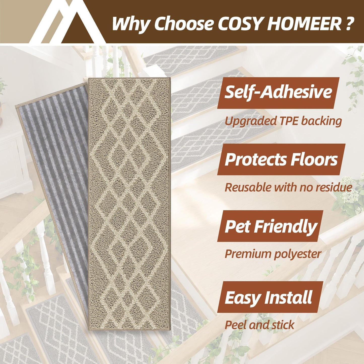 COSY HOMEER Soft Stair Treads 15pcs Non-Slip Carpet Mat 28inX9in Indoor Stair Runners for Wooden Steps,Stair Rugs for Kids and Dogs, 100% Polyester TPE Backing Beige,Rhombus