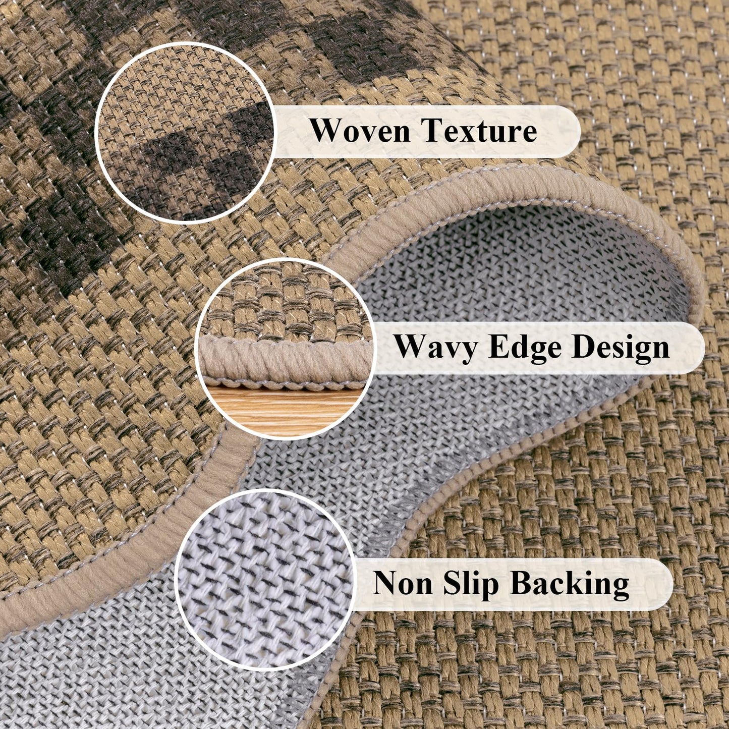 U'Artlines Non-Slip Scalloped Kitchen Rugs Set 3 PCS, 20"x32"+ 20"x48"+20"x59" Washable Low Profile Easy Jute Kitchen Floor Mats Runner Set for Sink Hallway Entryway Laundry Decor(Checked)