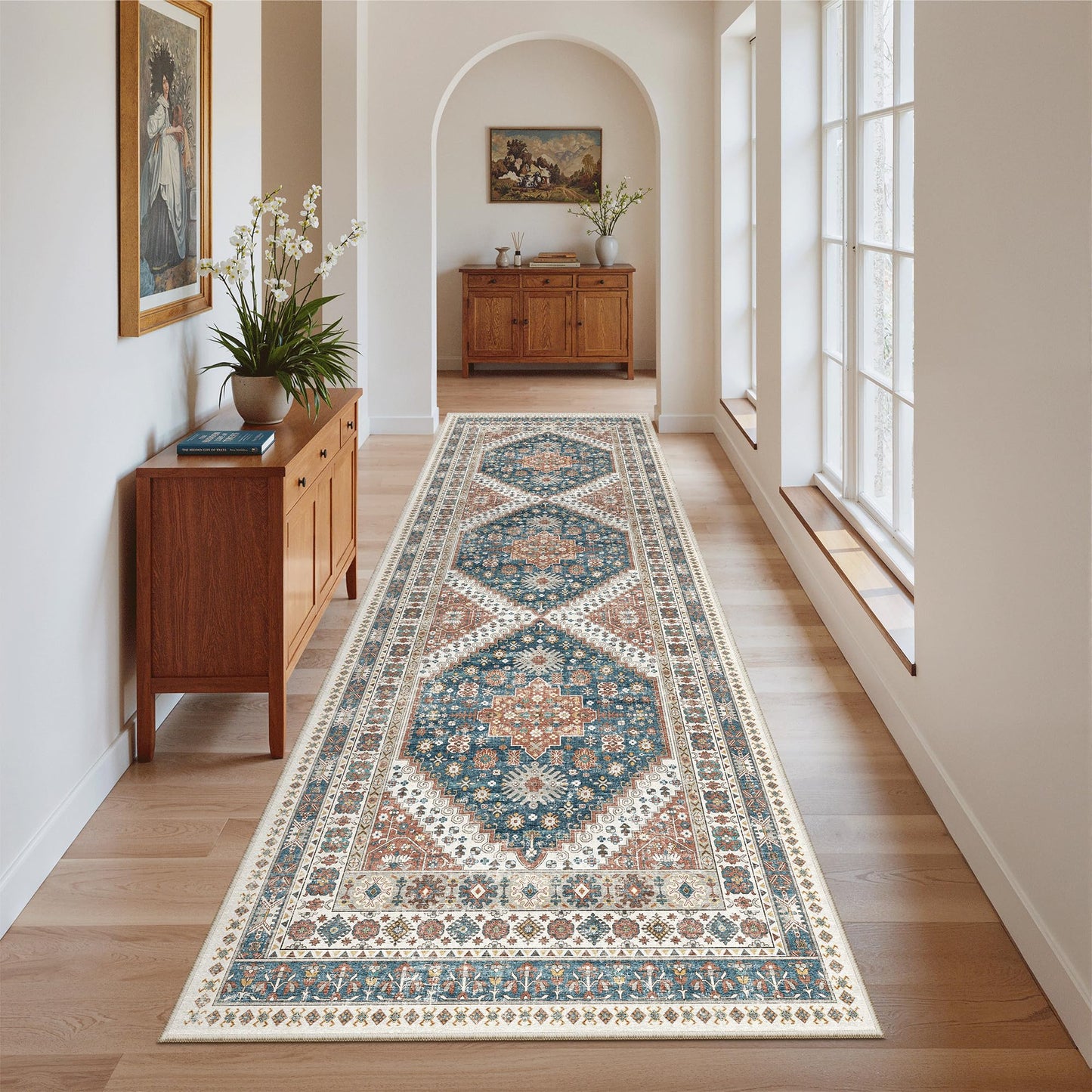 Madane Runner Rug 2'6''x8' Kitchen Runner, Hallway Runner Printed Vintage Washable Rugs Soft Non-Slip Low Pile 2.5x8 ft Runners for Hallways Laundry Room Rug Distressed Rug, Navy Blue
