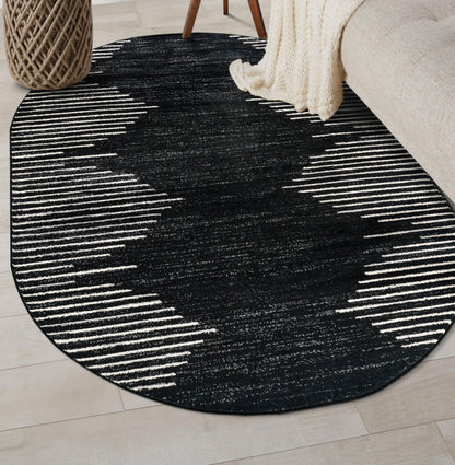 Rugshop Bohemian Stripe Stain Resistant High Traffic Living Room Kitchen Bedroom Dining Home Office Oval Area Rug 5' x 7' Black
