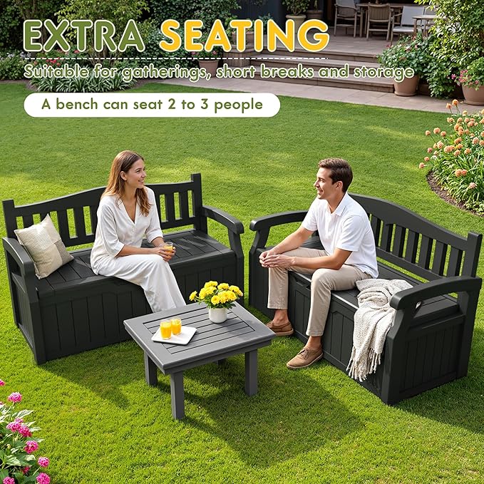 Greesum 80 Gallon Storage Bench Outdoor Deck Box with Armrest, Patio Furniture, Lockable, Waterproof and UV Resistant, Suitable for Garden, Poolside, Dark Black