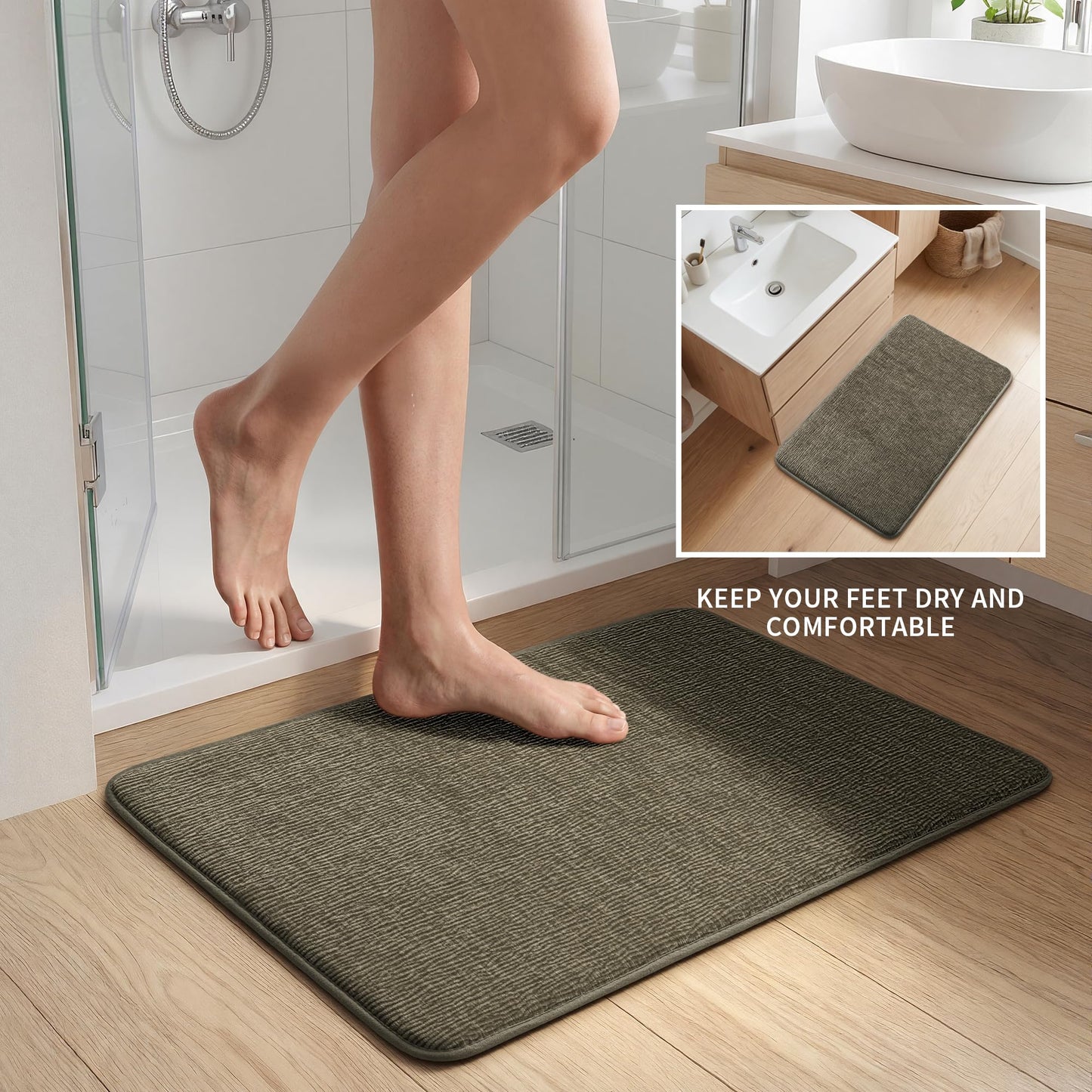 YIHOUSE Bathroom Rug Set 2 Piece, Memory Foam Green Bath Mat Set Non-Slip Quick Dry Bath Mats for Bathrooom