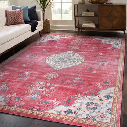 Beverly Rug Non Slip Rugs 5x7 Boho Medallion Floral Non Skid Rubber Backing Easy Silk Soft Area Rug for Living Room Easy to Clean Non Shedding Kitchen Bedroom Indoor Carpet (5 x 7 Fuchsia - Cream)